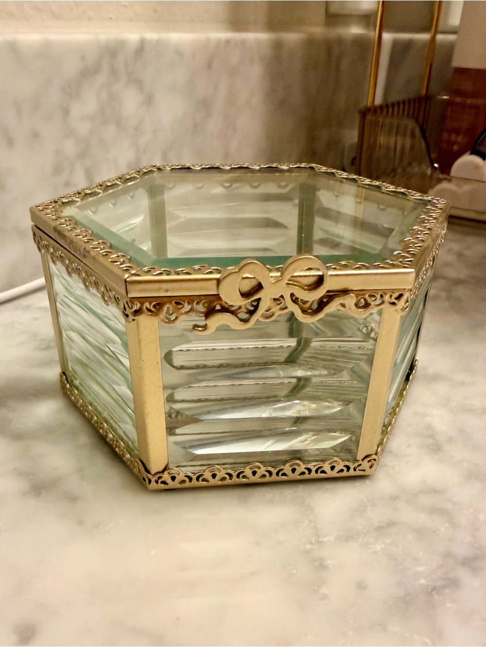 Gold Glass Hexagon Jewelry Box with bow trim